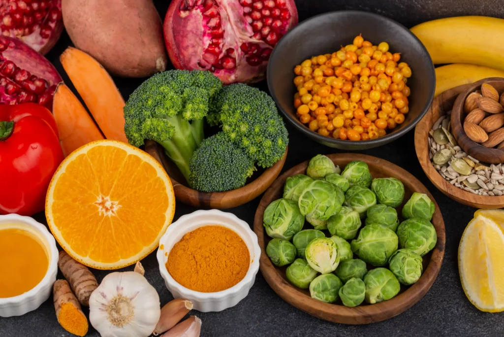 Vue de dessus d aliments riches en antioxydants et vitamines