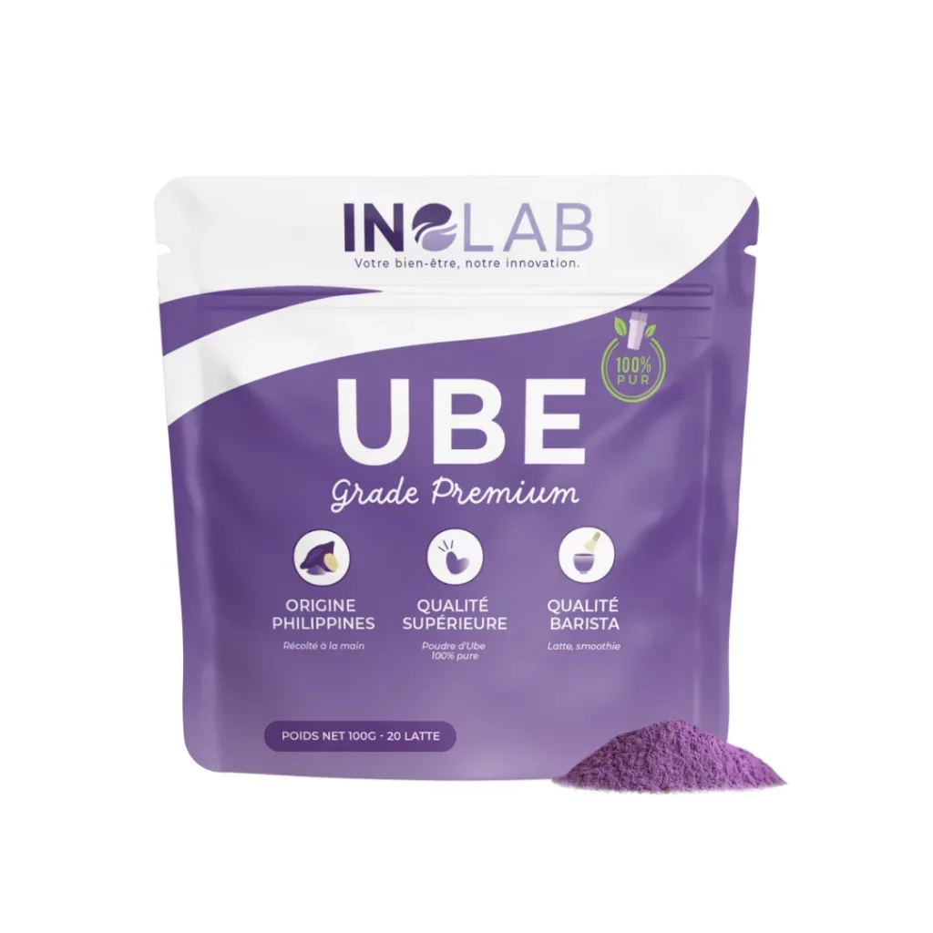 Sachet de poudre ube violette Inolab Premium de 100g pour préparation de ube latte et smoothies, récoltée aux Philippines