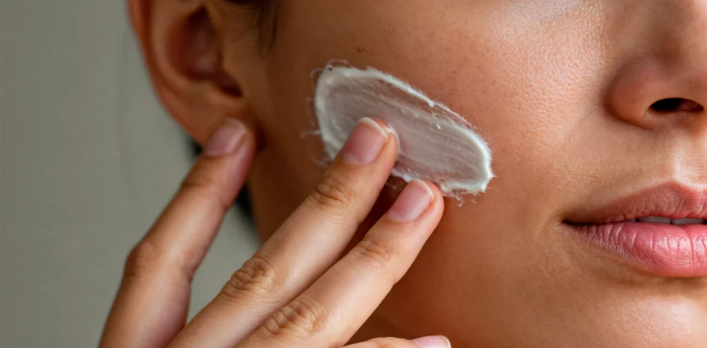 une femme appliquant de la creme au collagene pour le visage sur sa peau