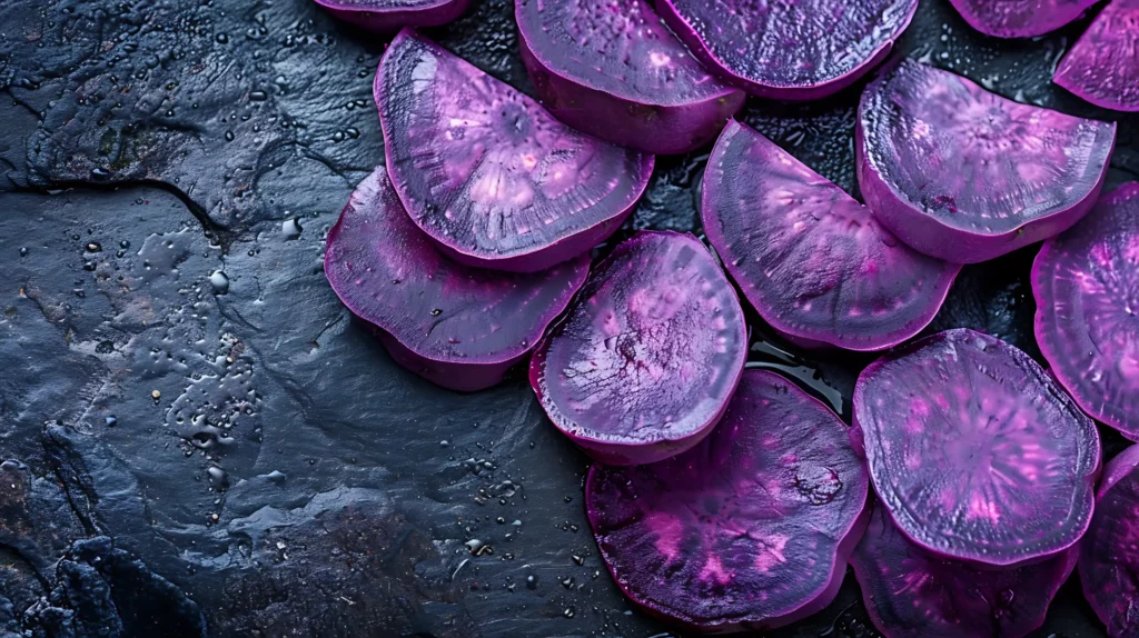 Tranches d igname violet ube utilisees comme ingredient de base pour la poudre d ube