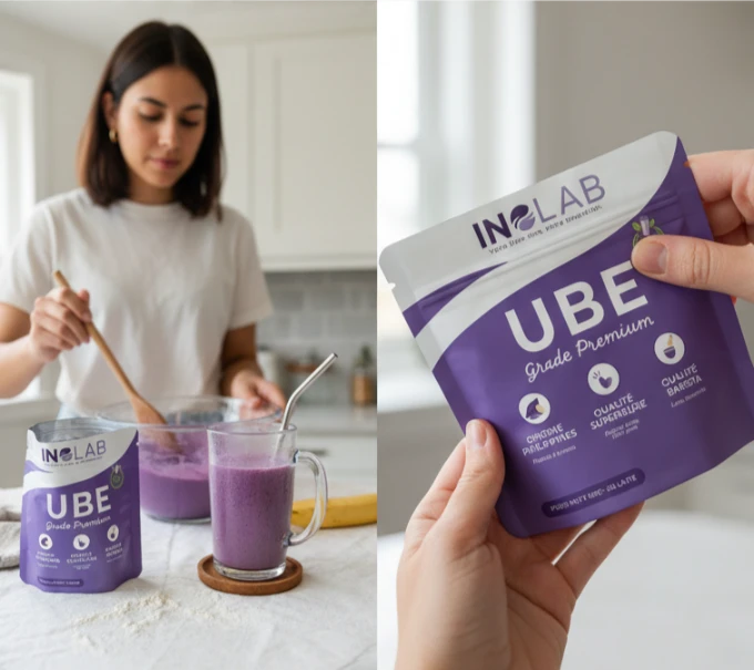 Sachet de poudre d ube utilise pour preparer boisson violette apres passage dans Qui veut etre mon associe