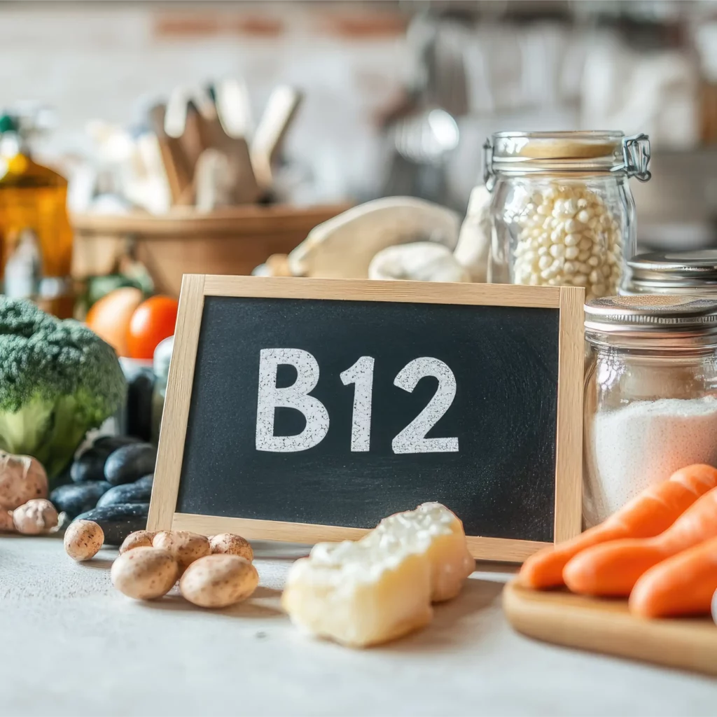 Assortiment d aliments riches en vitamine B12 illustrant les sources naturelles essentielles au systeme nerveux et a l energie