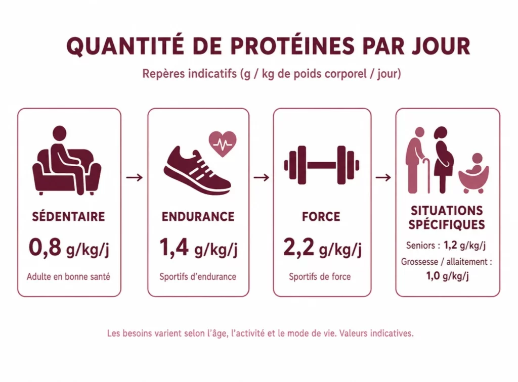 Infographie des besoins en protéines par jour en g/kg de poids corporel : 0,8 g pour sédentaires, 1,4 g pour sportifs d'endurance, 2,2 g pour sportifs de force, et repères spécifiques pour seniors et grossesse/allaitement