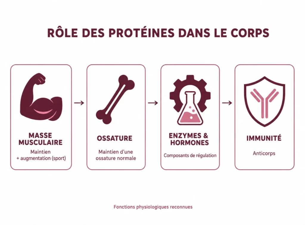 Schéma illustrant le rôle des protéines dans le corps : maintien de la masse musculaire, de l'ossature, production d'enzymes et d'hormones, et soutien du système immunitaire (anticorps)