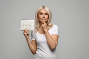 Femme mature tient un calendrier et réfléchit illustration ménopause cycles irréguliers symptômes hormonaux et fatigue cérébrale