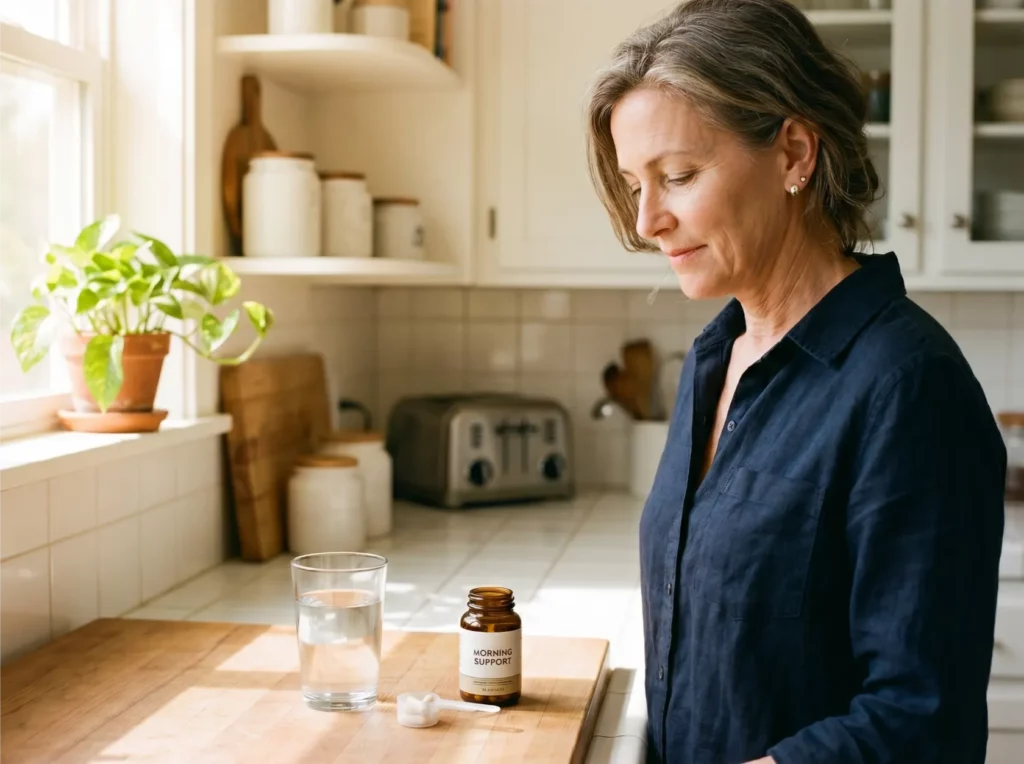 Femme d'environ 50 ans dans un environnement intérieur calme et lumineux, illustrant le bien-être global et la qualité de vie que les femmes cherchent à maintenir grâce à la créatine pendant la transition ménopausique.