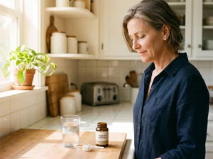 Femme d'environ 50 ans dans un environnement intérieur calme et lumineux, illustrant le bien-être global et la qualité de vie que les femmes cherchent à maintenir grâce à la créatine pendant la transition ménopausique.