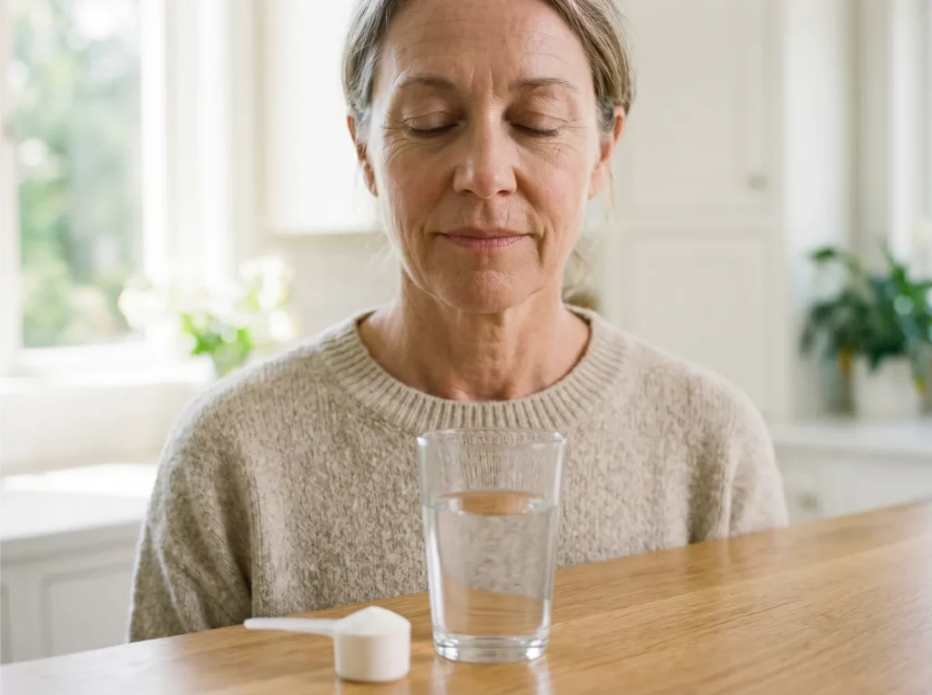 Femme d'une cinquantaine d'années assise à une table avec un verre d'eau, symbolisant l'importance de l'hydratation lors de la supplémentation en créatine et la sécurité rénale chez les femmes en bonne santé.