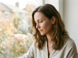 Femme d'âge moyen en période de périménopause, regardant par la fenêtre avec une expression réfléchie, illustrant les changements émotionnels et les troubles du sommeil liés à la transition ménopausique