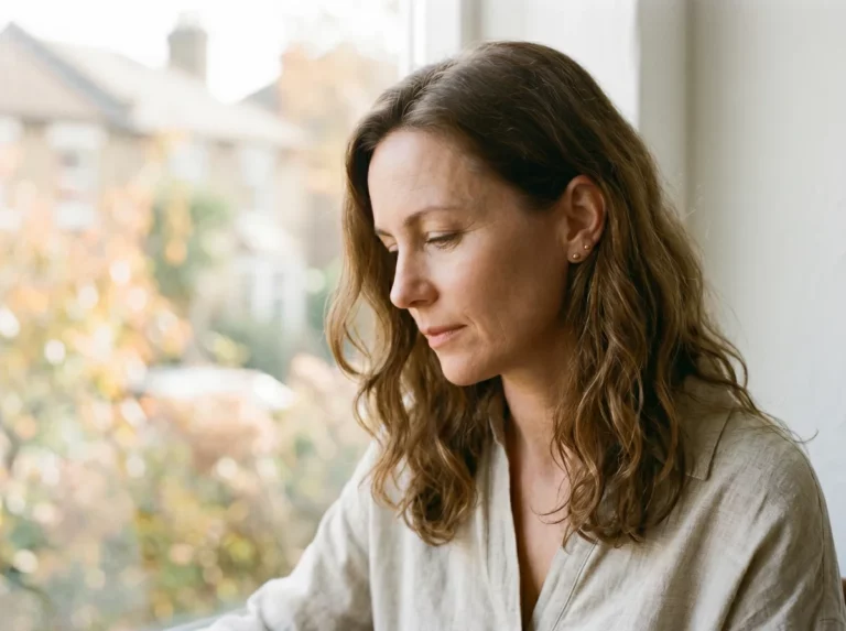 Femme d'âge moyen en période de périménopause, regardant par la fenêtre avec une expression réfléchie, illustrant les changements émotionnels et les troubles du sommeil liés à la transition ménopausique