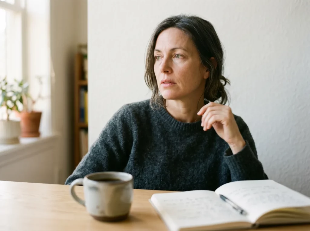 Femme d'environ 50 ans assise à une table avec un café et un bloc-note, exprimant la fatigue mentale et la confusion caractéristiques du brouillard mental à la ménopause, affectant jusqu'à 73 % des femmes.