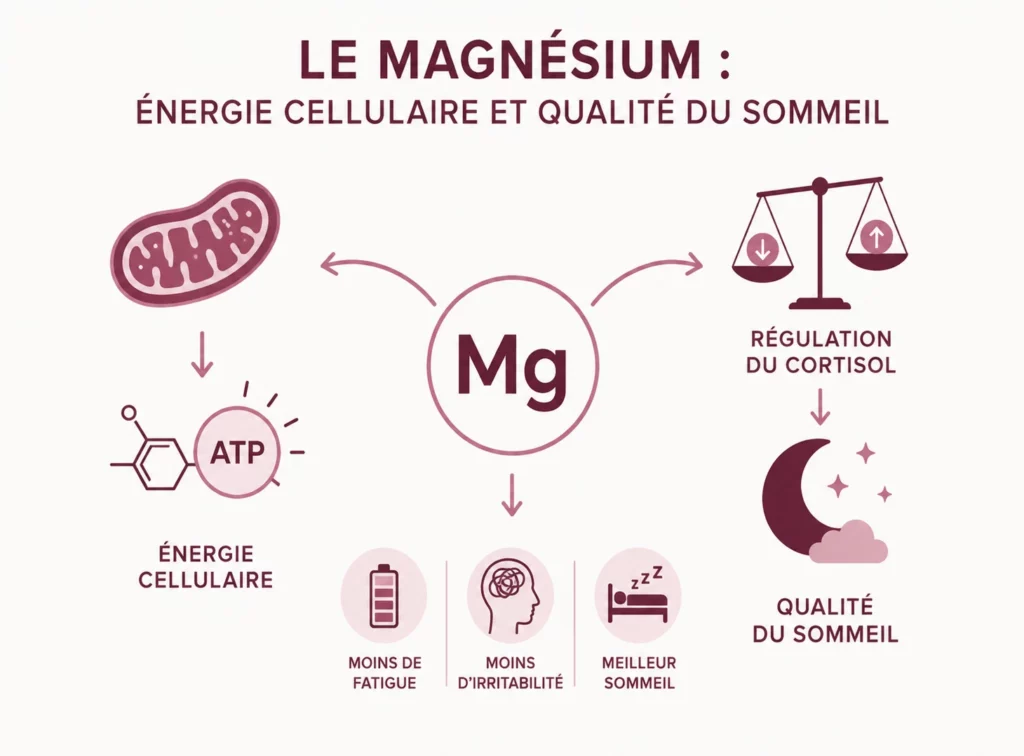 Infographie Inolab illustrant les effets du magnésium sur la production d'ATP et l'énergie cellulaire, la régulation du cortisol et la qualité du sommeil, pour contribuer à réduire la fatigue hormonale chez la femme ménopausée