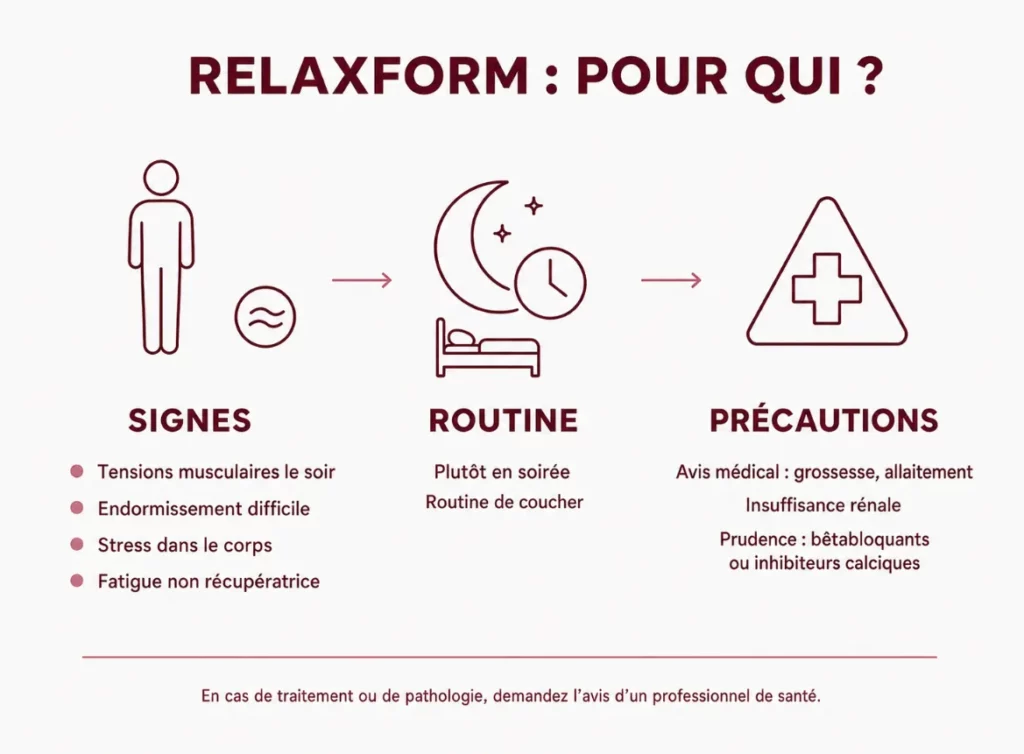 Infographie RelaxForm : à qui s'adresse ce complément ? signes (tensions musculaires, endormissement difficile, stress, fatigue), routine du soir et précautions d'emploi (grossesse, allaitement, insuffisance rénale, bêtabloquants)