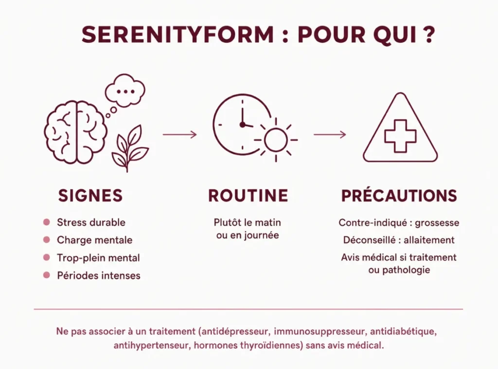 Infographie SerenityForm : à qui s'adresse ce complément ? signes (stress durable, charge mentale, trop-plein mental), routine du matin et précautions d'emploi (grossesse, allaitement, traitements médicaux)