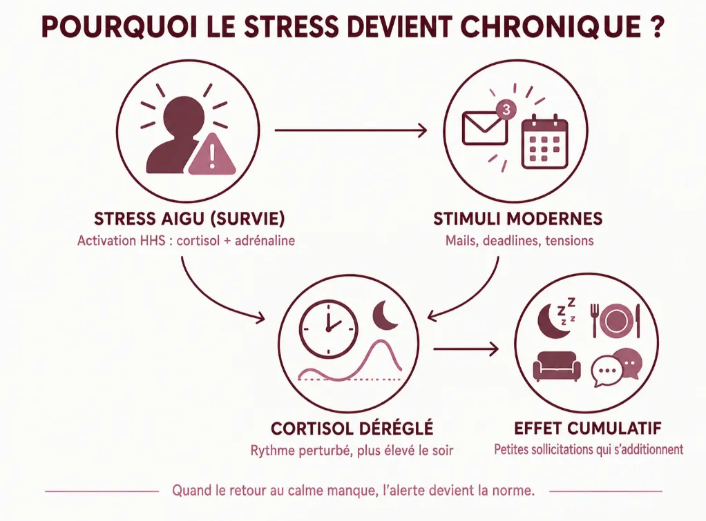 Schéma explicatif du mécanisme du stress chronique : activation de l'axe HHS (cortisol et adrénaline) face au stress aigu, stimulation continue par les stress modernes (mails, deadlines), dérèglement du rythme du cortisol et effet cumulatif menant à un état d'alerte permanent