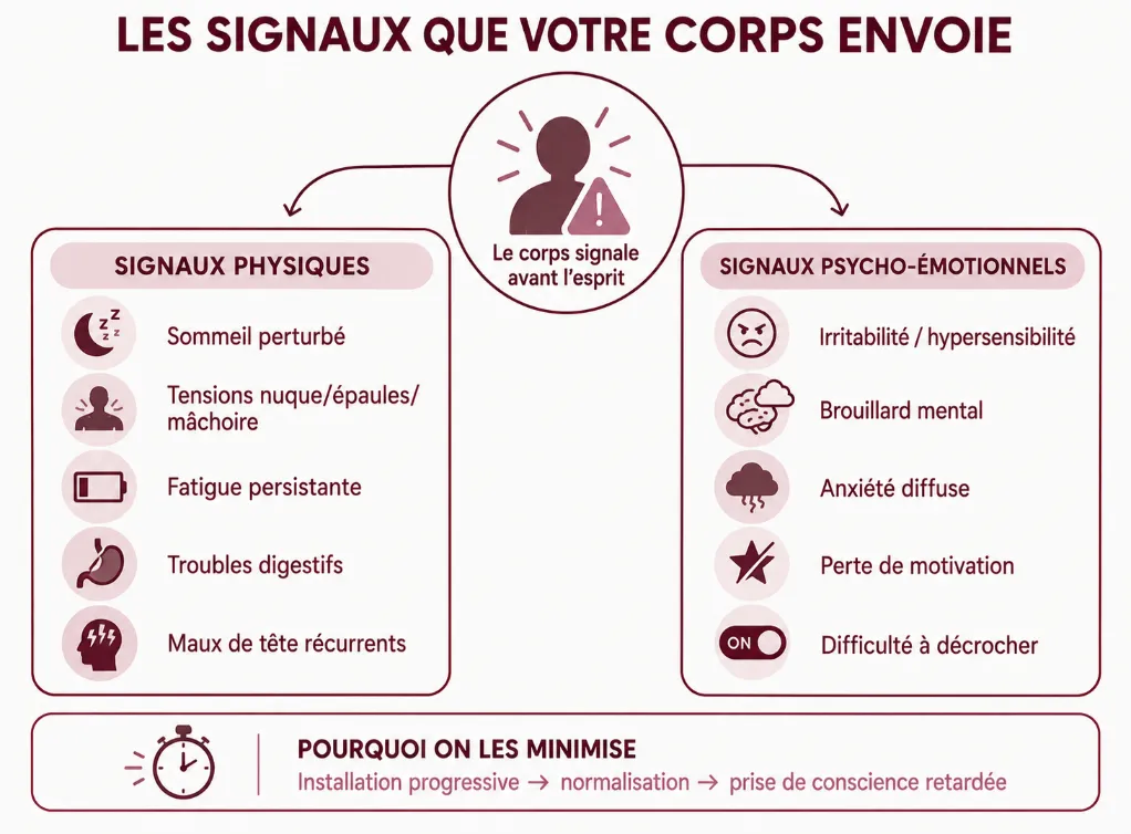 Infographie des signaux d'alerte du stress chronique envoyés par le corps : symptômes physiques (sommeil perturbé, tensions musculaires, fatigue persistante, troubles digestifs, maux de tête) et signaux psycho-émotionnels (irritabilité, brouillard mental, anxiété diffuse, perte de motivation, difficulté à décrocher)