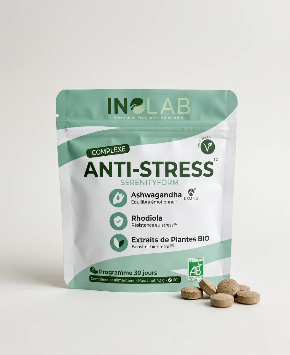 Sachet SERENITYFORM Inolab : 60 comprimés d'ashwagandha KSM-66® et de rhodiola bio, fabriqués en France