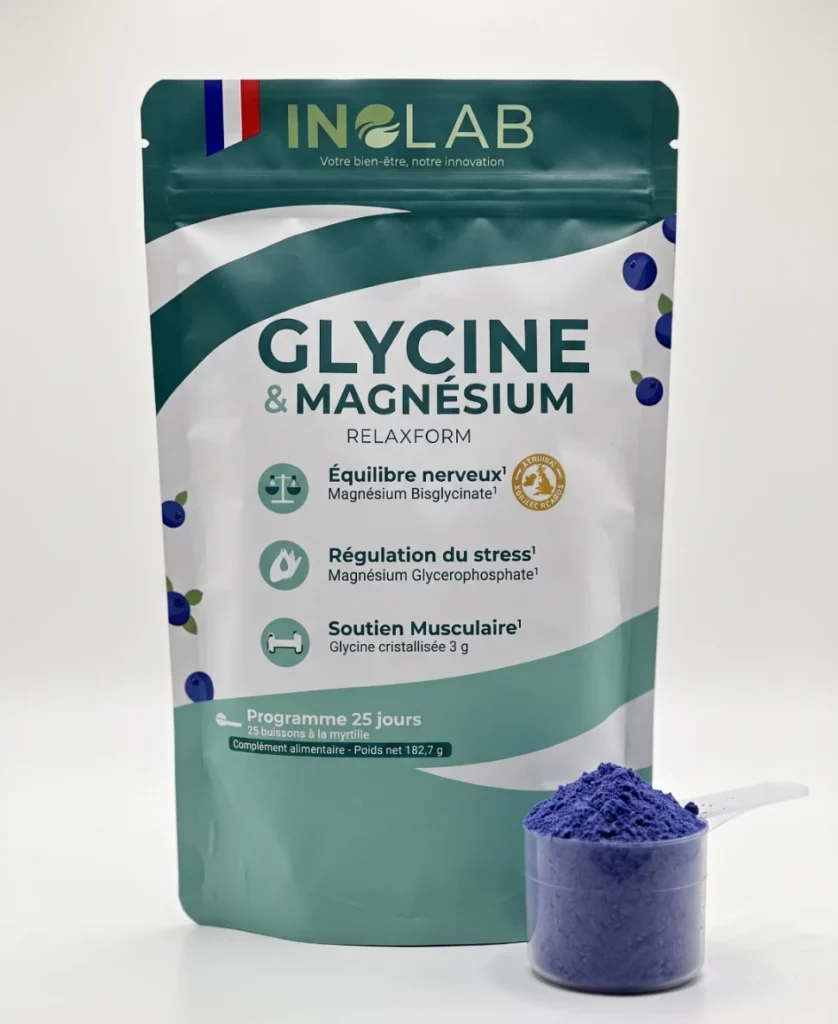Sachet RELAXFORM Inolab : poudre de glycine et magnésium, arôme myrtille, 25 doses avec cuillère doseuse