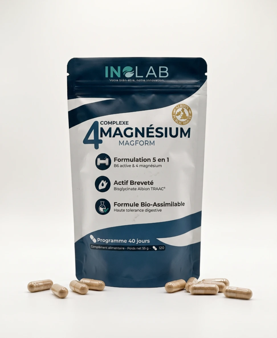 Sachet MAGFORM Inolab : 120 gélules de magnésium 4 formes et vitamine B6, dont bisglycinate Albion Traacs®