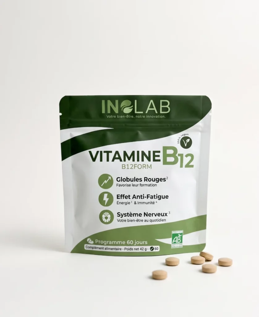 Sachet B12FORM Inolab : 60 comprimés de vitamine B12 vegan issue du shiitaké bio, 75 µg par comprimé