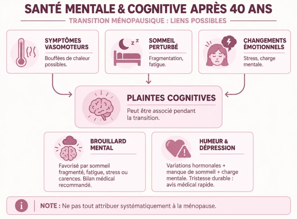 Schéma des liens entre transition ménopausique et santé mentale après 40 ans : symptômes vasomoteurs, sommeil perturbé et changements émotionnels pouvant être associés à des plaintes cognitives comme le brouillard mental ou des troubles de l'humeur, sans tout attribuer systématiquement à la ménopause